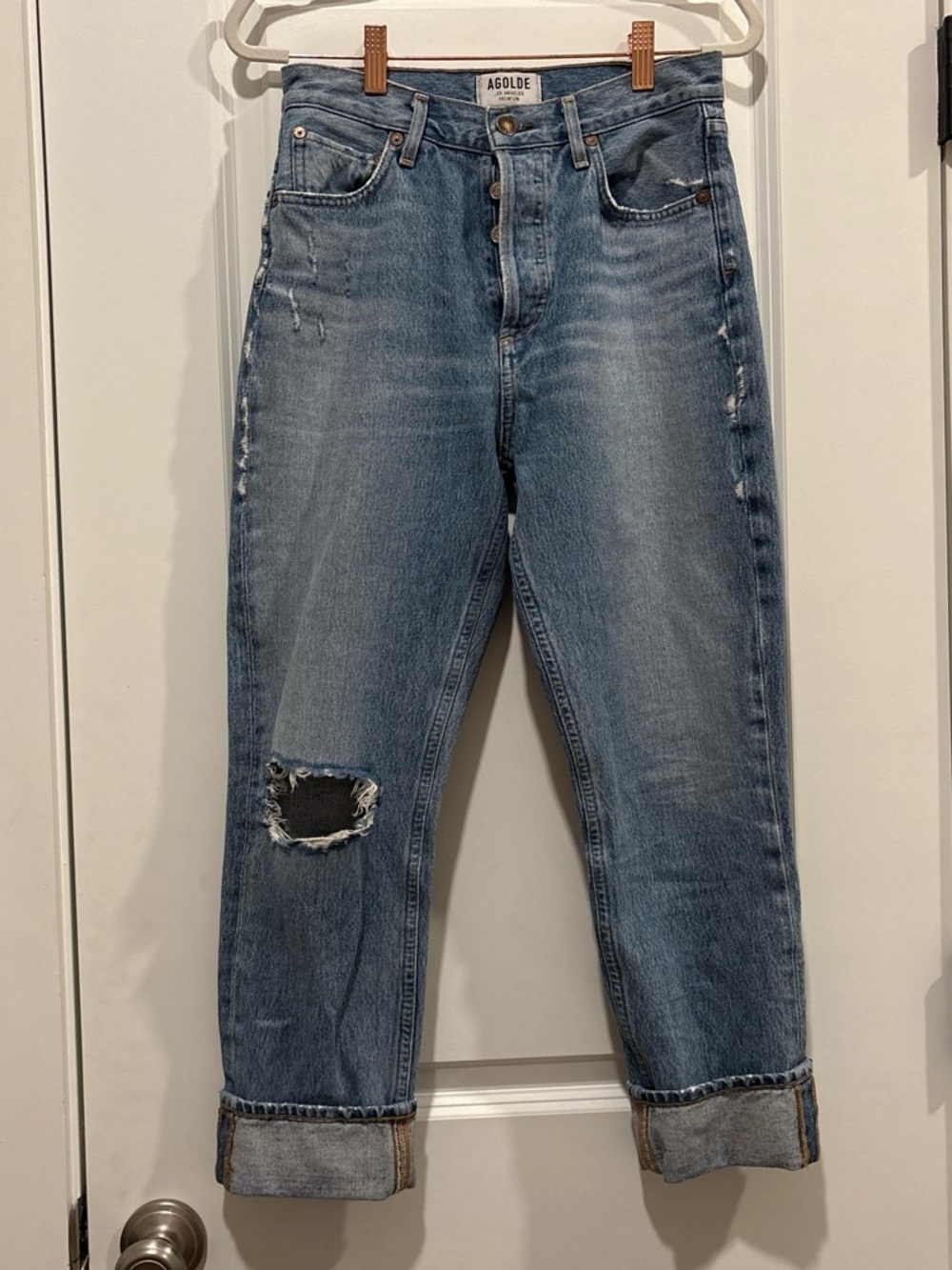 Agolde Light Blue Boyfriend Jeans with Distressed Knee
